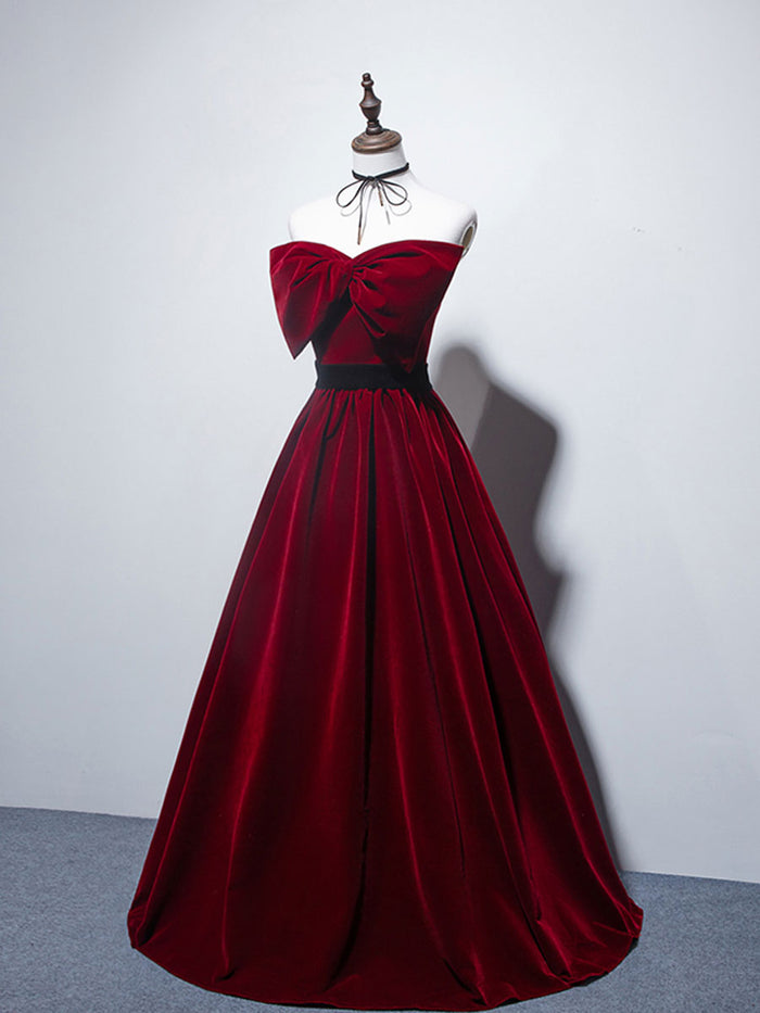 Velvet A line burgundy satin long prom dress, velvet bridesmaid dress