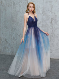Blue v neck tulle long prom dress blue tulle formal dress