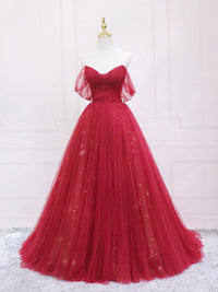 Burgundy sweetheart tulle long prom dress, burgundy evening dress