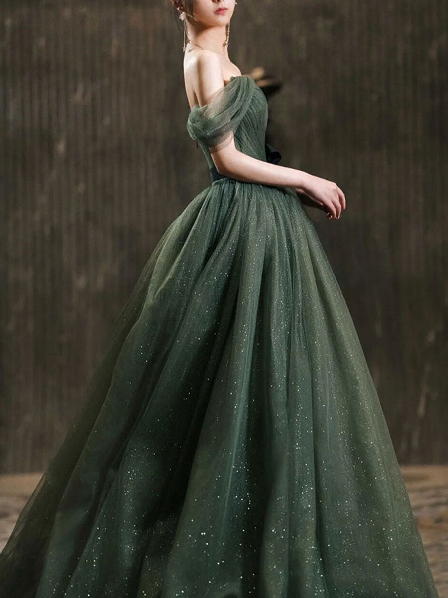 Simple green tulle long prom dress, green tulle evening dress