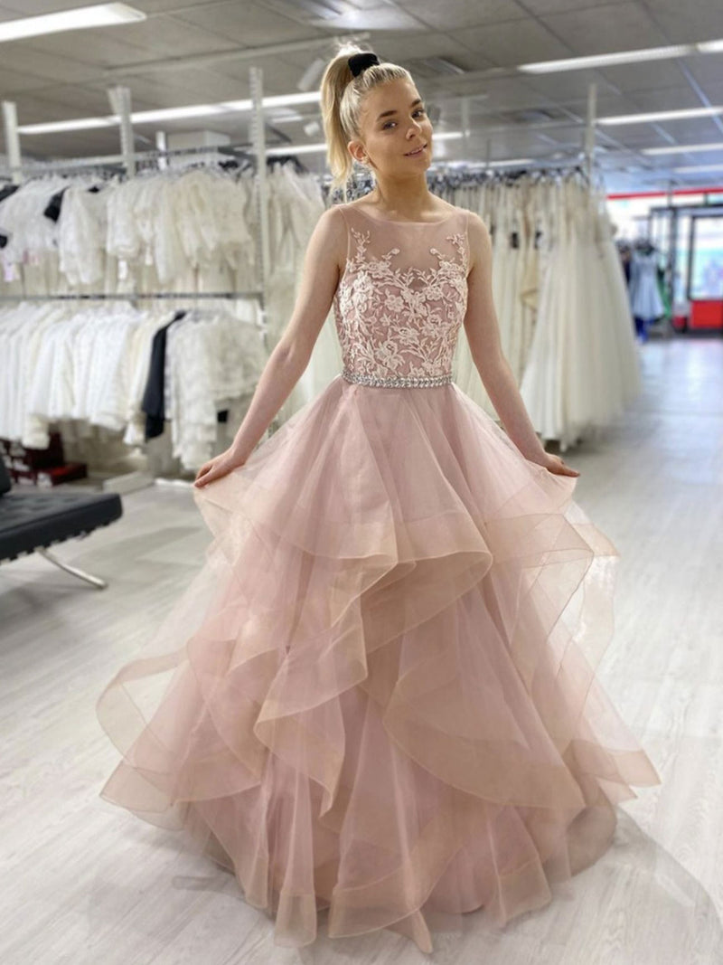 Pink round neck tulle lace long prom dress, lace sweet 16 dress