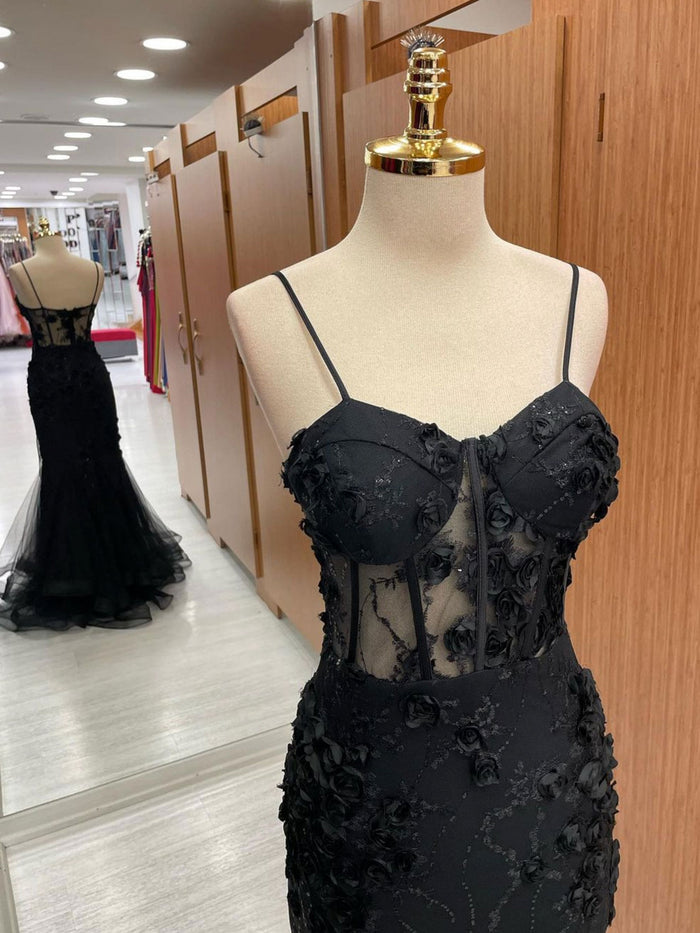 Black Mermaid Lace Long Prom Dress, Black Lace Evening Dress