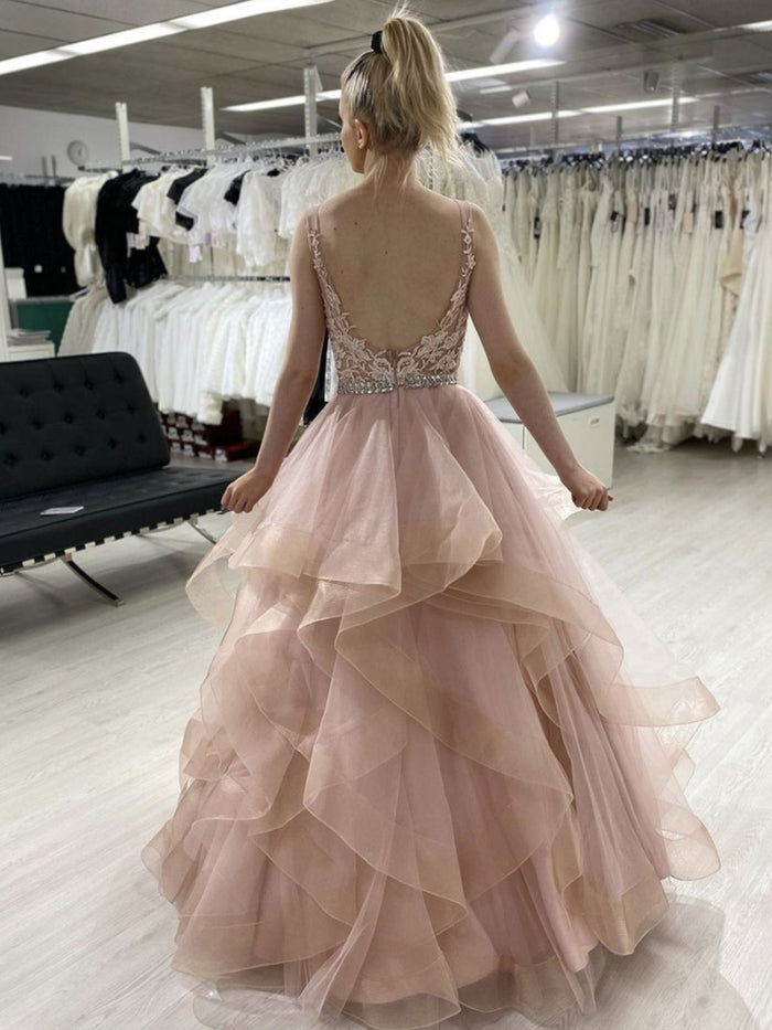Pink round neck tulle lace long prom dress, lace sweet 16 dress