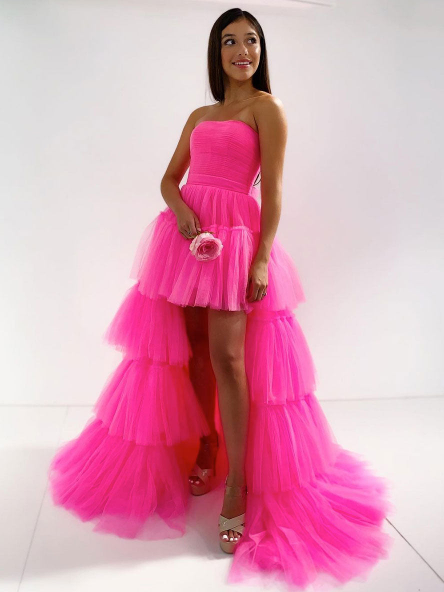 Pink tulle high low prom dress pink evening dress
