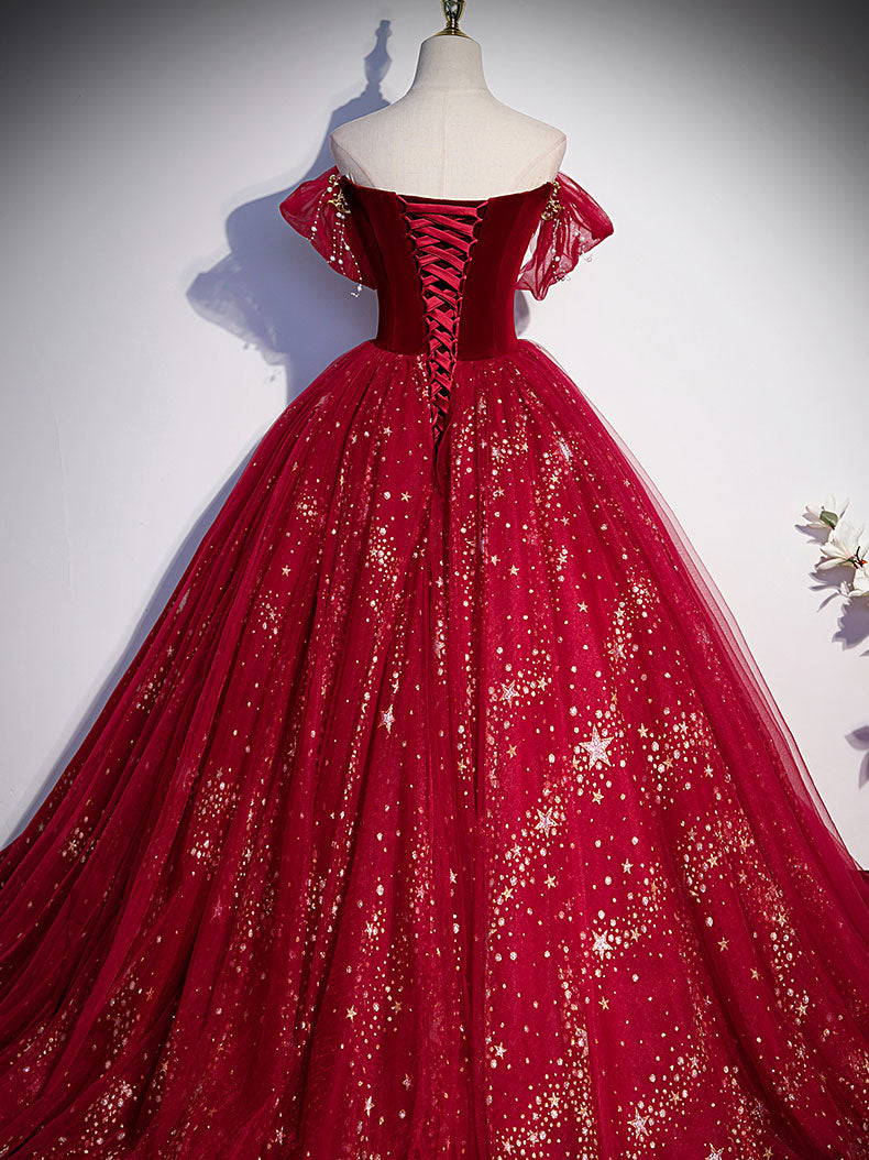 Burgundy sweetheart neck tulle sequin long prom dress, burgundy evening dress