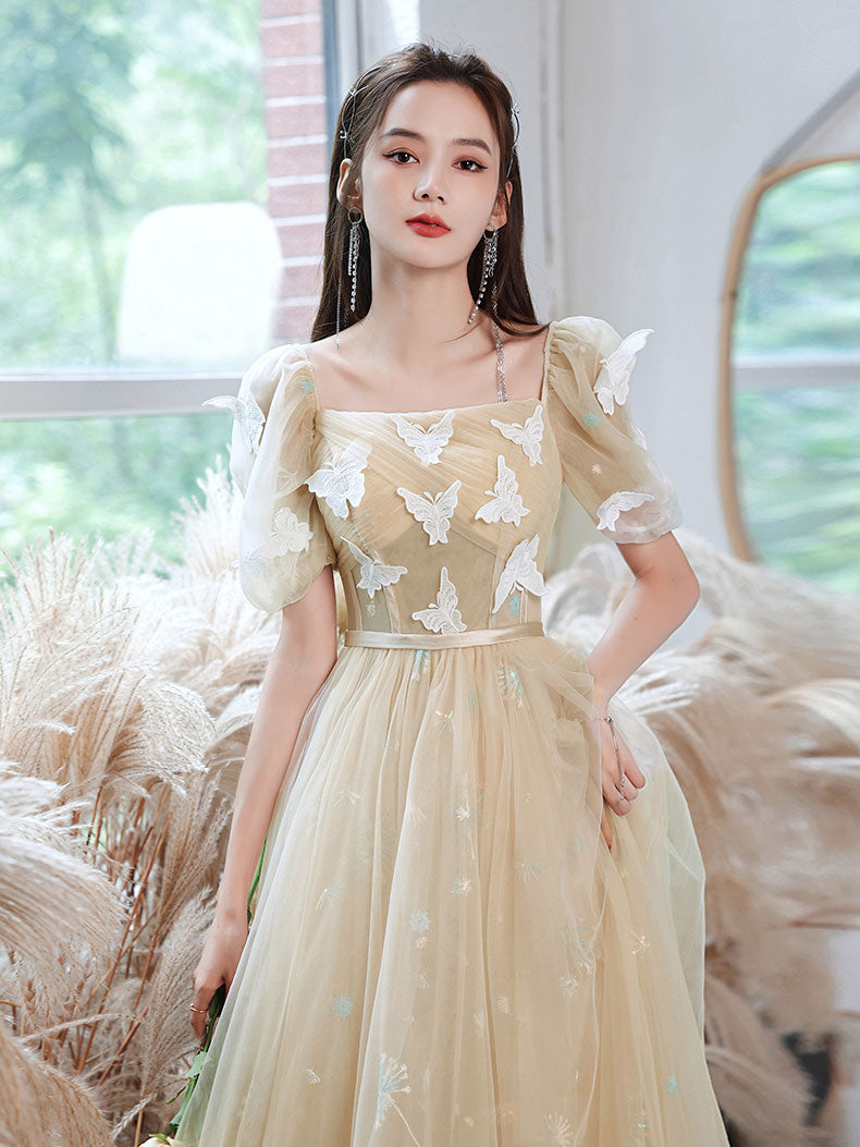 Champagne A-line tulle lace long prom dress, champagne evening dress
