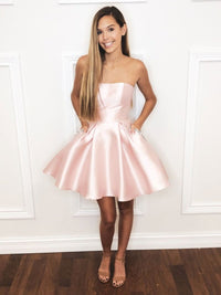 Pink satin short prom dress, pink homecoming dress