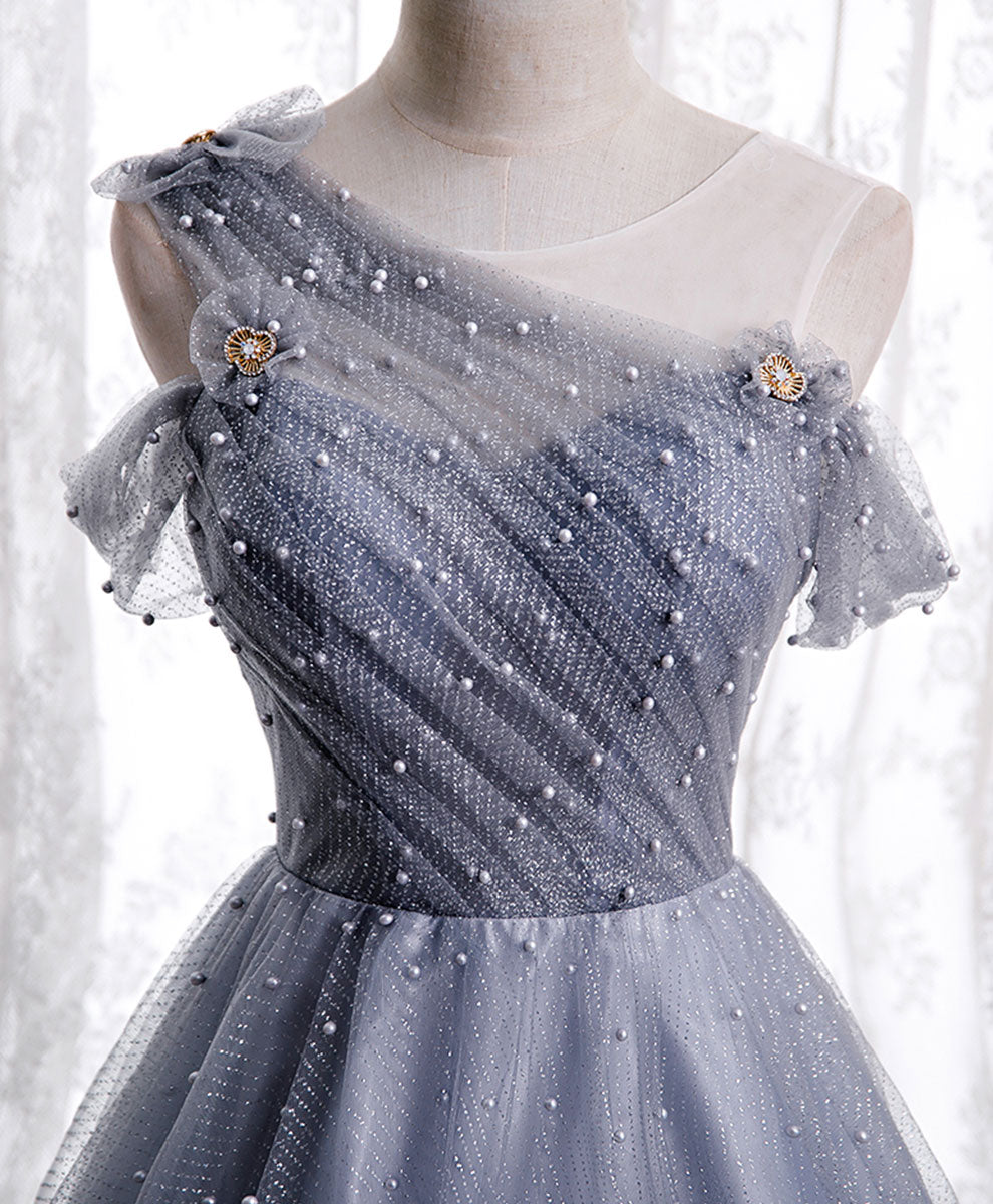 Gray one shoulder tulle long prom dress gray tulle evening dress