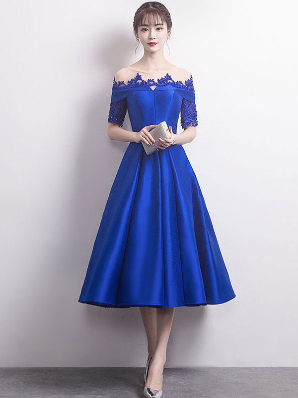 Blue lace satin prom dress, blue bridesmaid dress