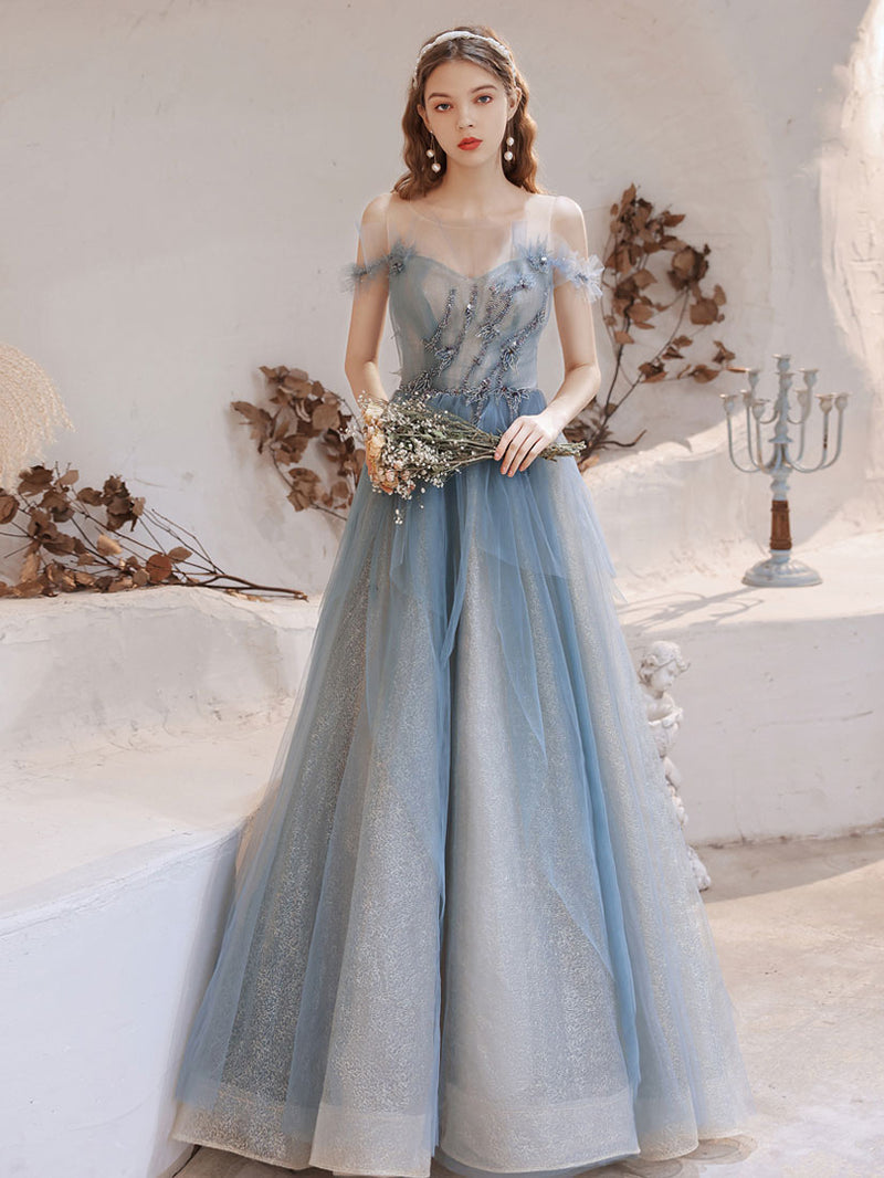 Blue tulle lace off shoulder long prom dress, blue evening dress