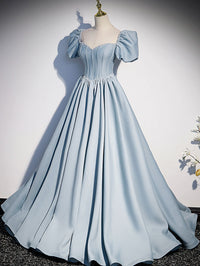 Light blue satin long prom dress, blue sweet 16 dress