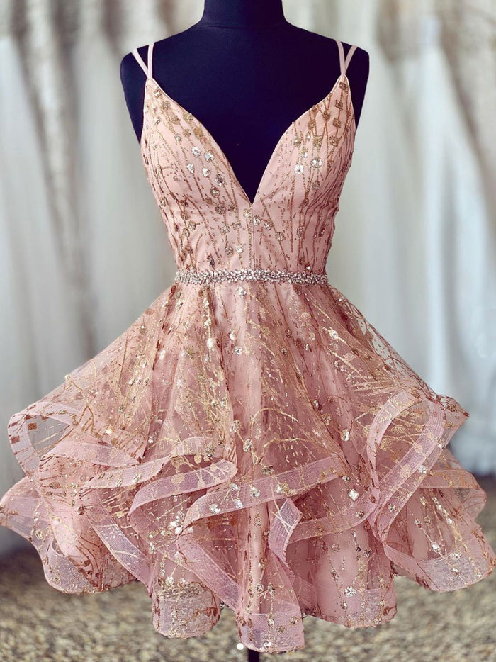 Pink v neck tulle short prom dress, pink homecoming dress