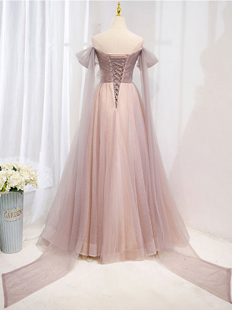 Pink tulle beads long prom dress, pink tulle formal dress