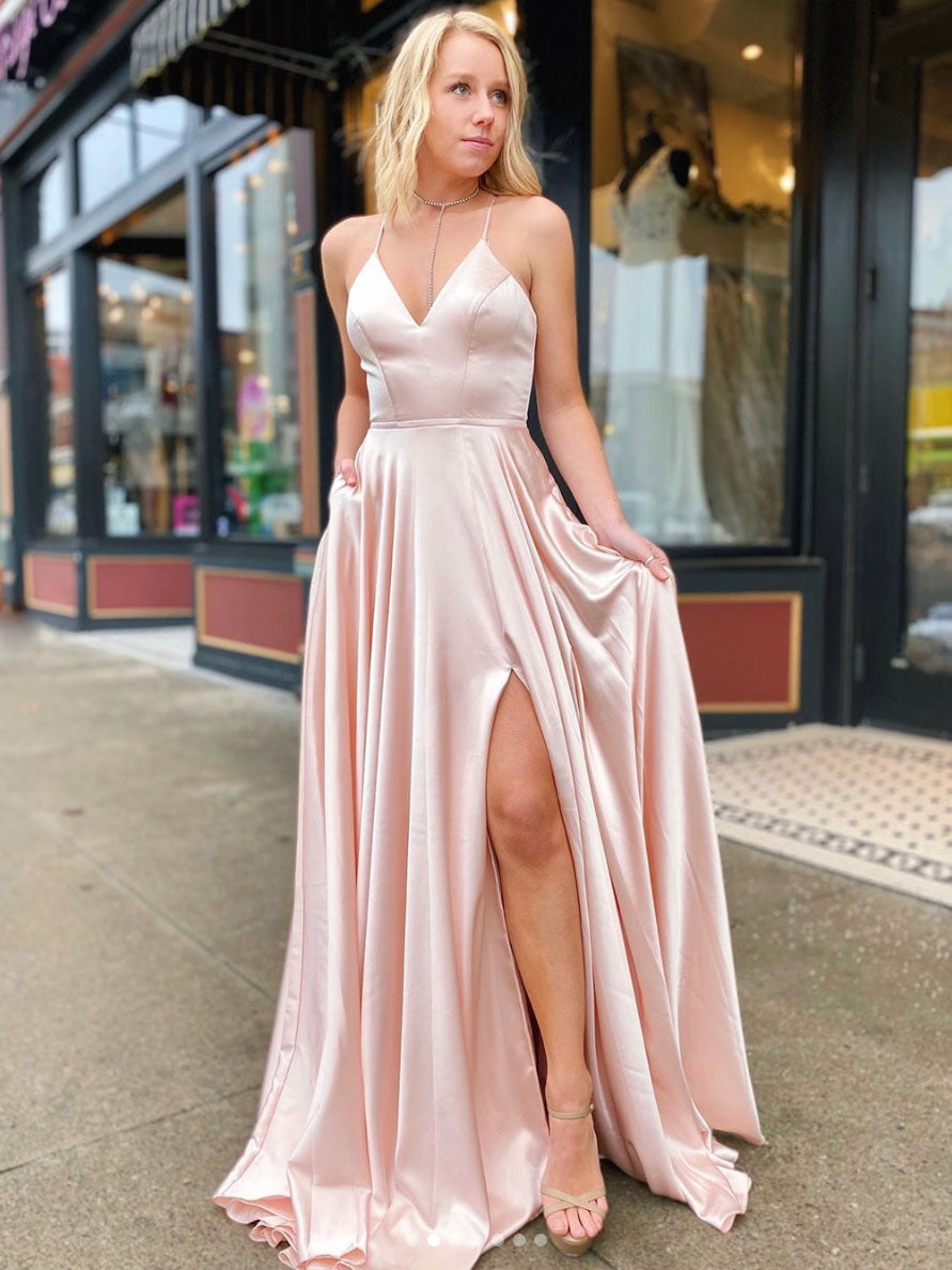 Satin Maxi Dress Pink Light Pink Stretch Satin Long Dress With Wrap-Over Slit And Lace- Satin Maxi Dress Pink Light Pink Stretch Satin Long Dress With Wrap-Over Slit And Lace-