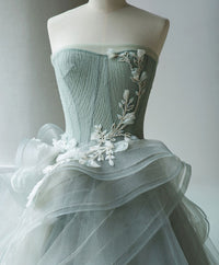 Unique Tulle Lace Gray Green Long Prom Gown, Tulle Lace Evening Dress
