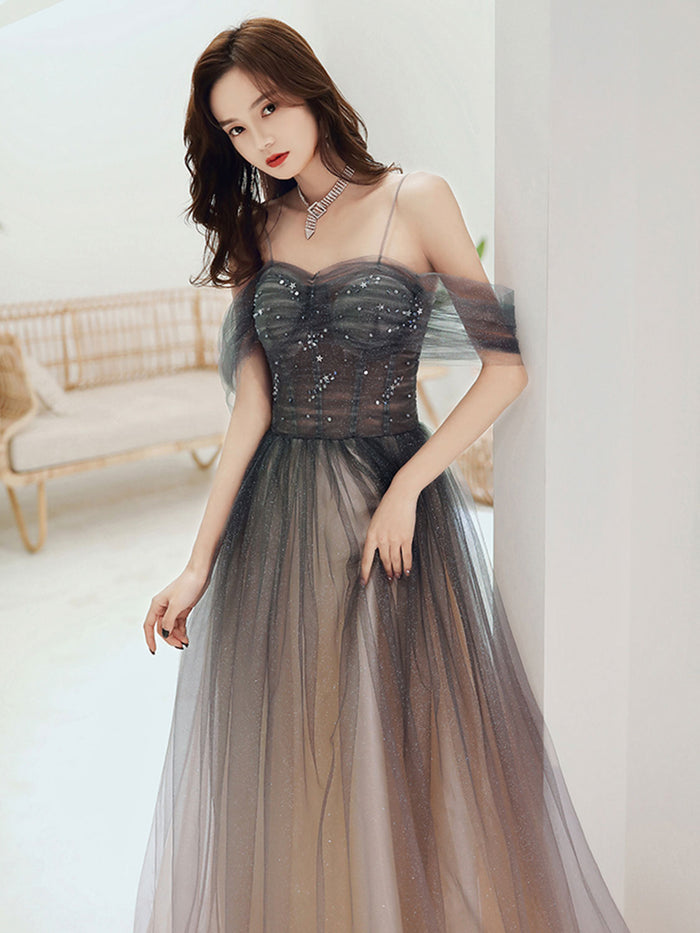 Champagne A line tulle long prom dress champagne evening dress