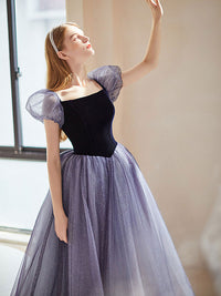 Purple tulle long prom dress, purple A line evening dress