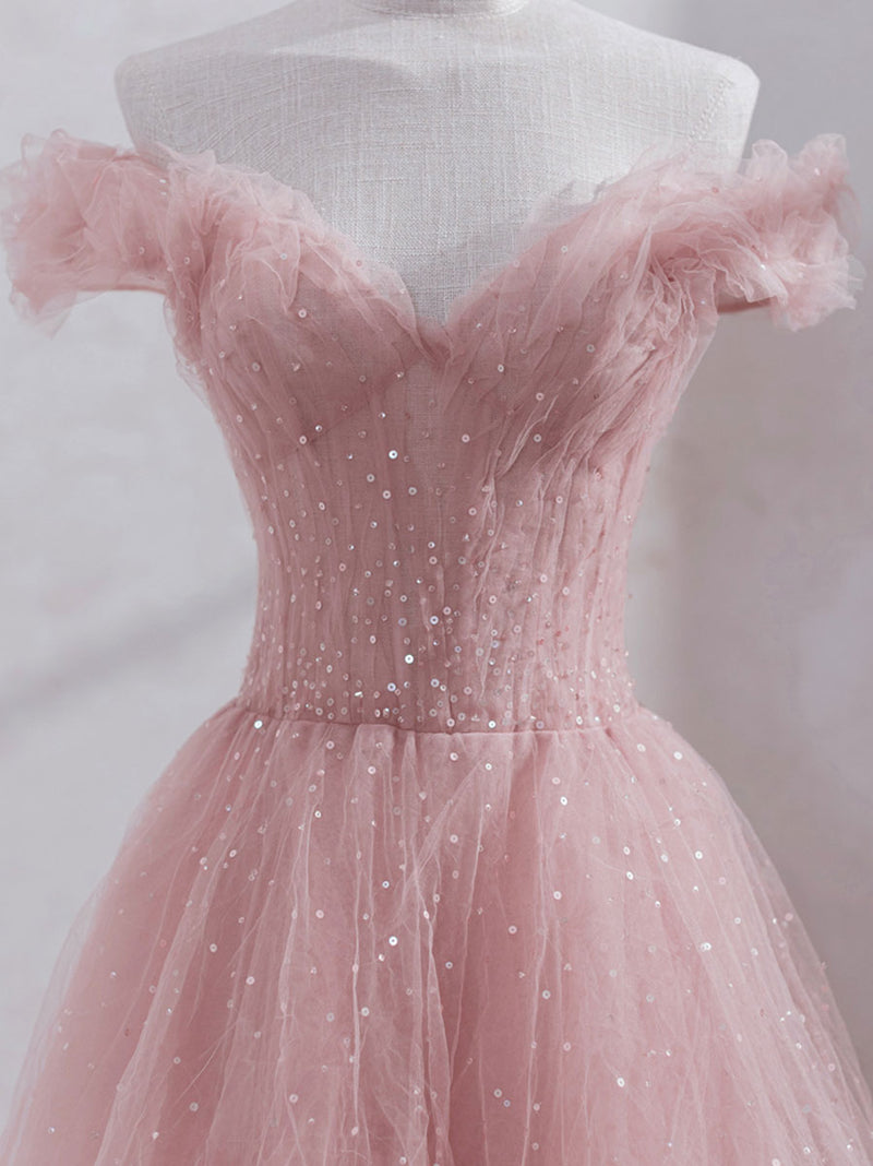 Pink off shoulder tulle tea length prom dress, pink tulle evening dress