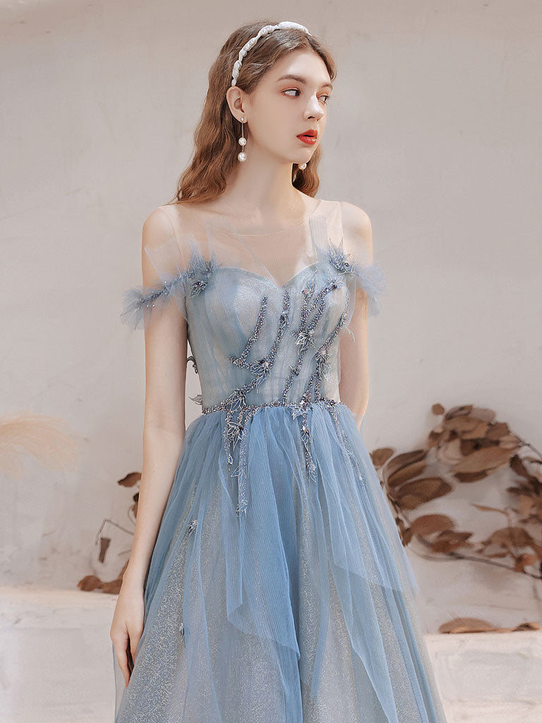 Blue tulle lace off shoulder long prom dress, blue evening dress – toptby