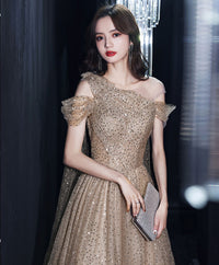 Champagne tulle one shoulder long prom dress tulle evening dress