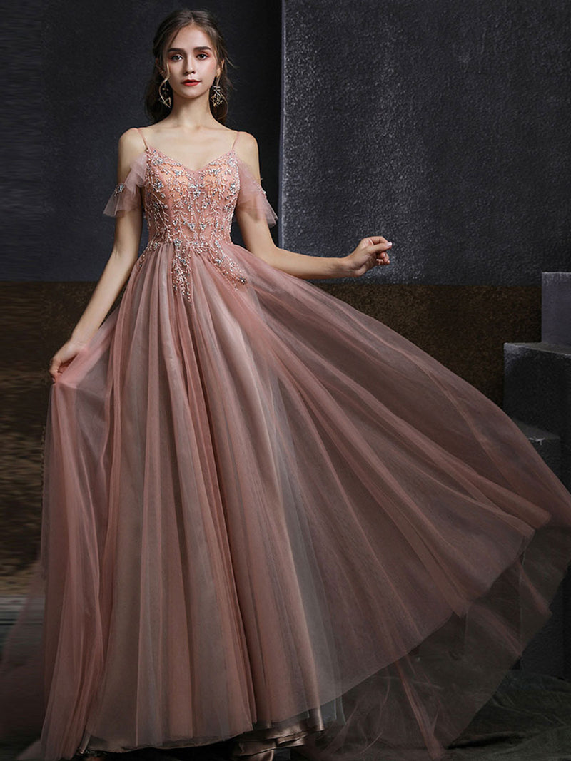 Pink v neck tulle beads long prom dress pink tulle formal dress