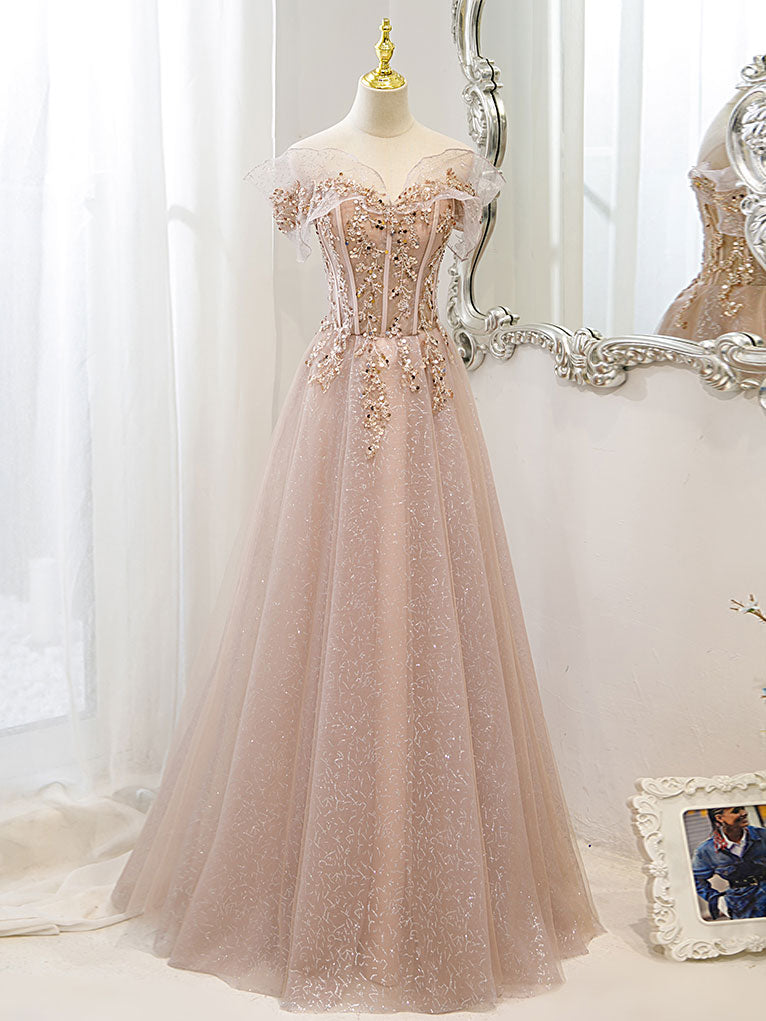 Champagne tulle lace off shoulder long prom dress, champagne evening dress