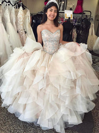 Unique sweetheart tulle beads long prom dress, champagne sweet 16 dress