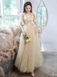 Champagne A-line tulle lace long prom dress, champagne evening dress