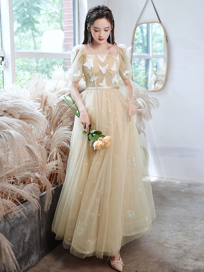 Champagne A-line tulle lace long prom dress, champagne evening dress toptby Champagne A-line tulle lace long prom dress, champagne evening dress toptby