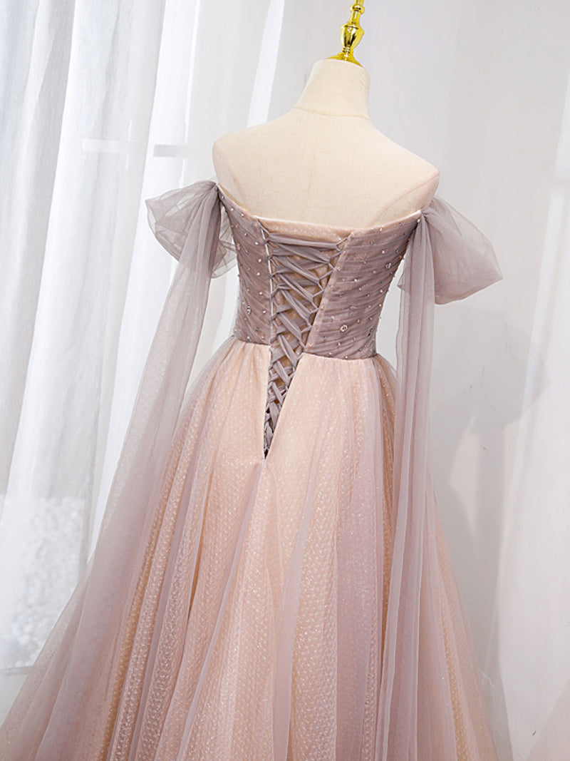 Pink tulle beads long prom dress, pink tulle formal dress