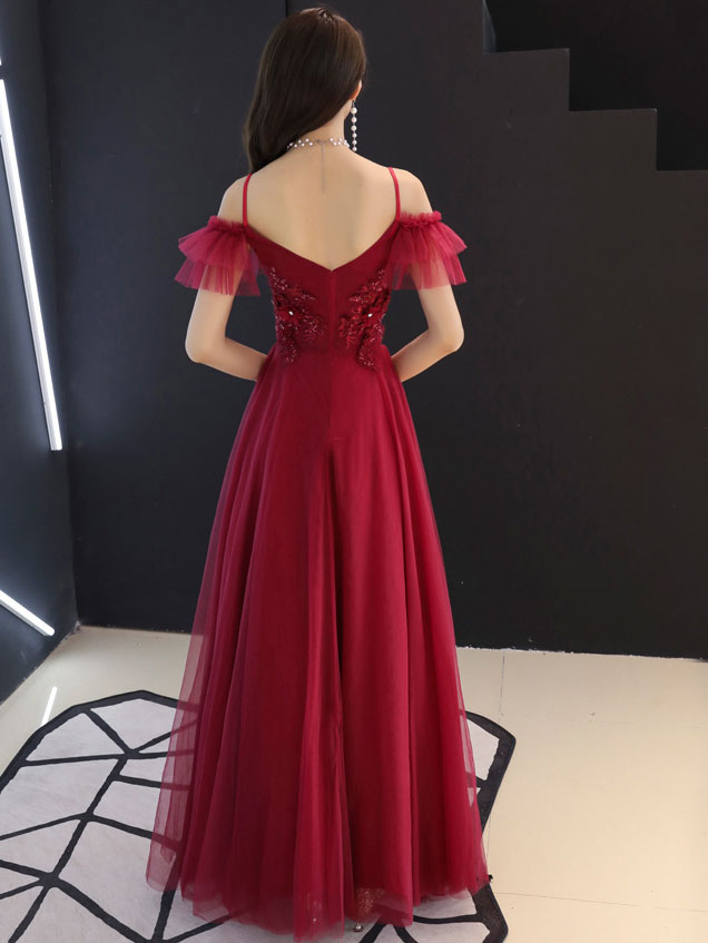 Simple burgundy tulle lace long prom dress lace formal dress
