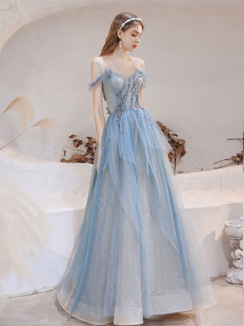 Blue tulle lace off shoulder long prom dress, blue evening dress