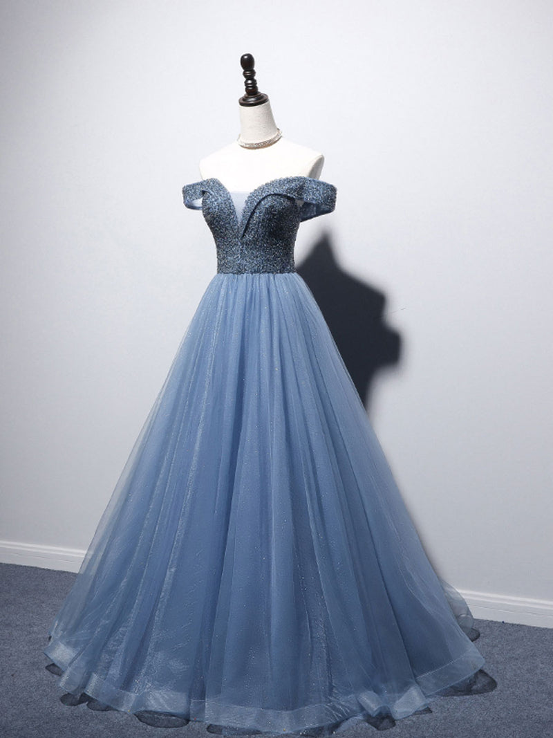 Unique blue tulle beads long prom dress, blue tulle evening dress