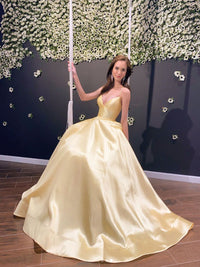 Simple yellow satin long prom dress yellow formal dress