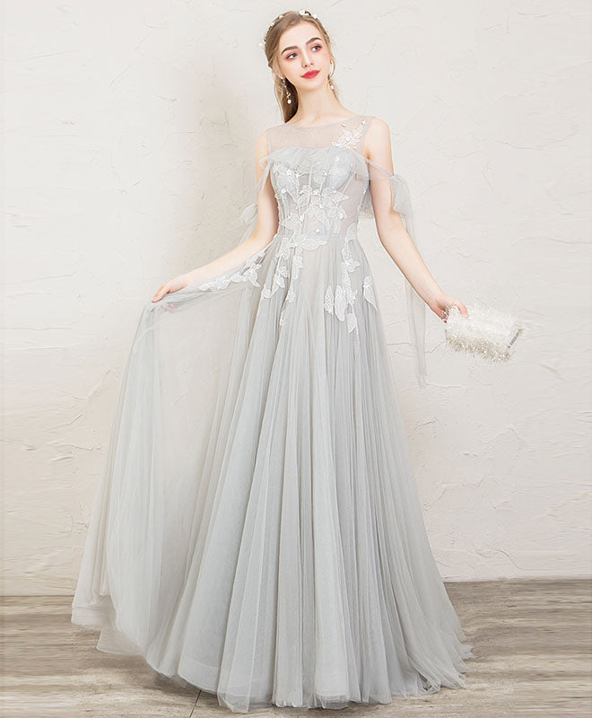 Gray round neck tulle lace long prom dress, gray evening dress