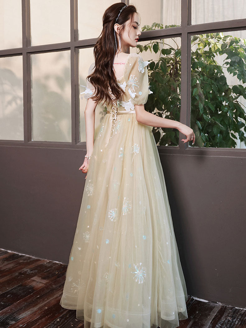 Champagne A-line tulle lace long prom dress, champagne evening dress
