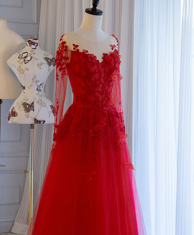 Red round neck tulle lace long prom dress, red evening dress
