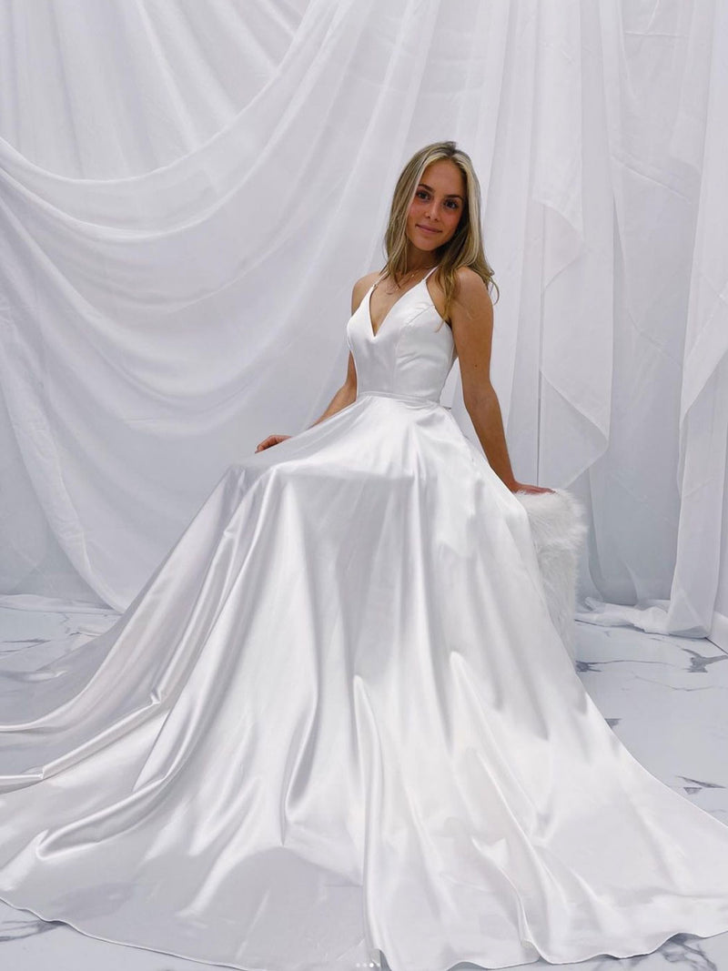 Simple white v neck A line long prom dress, white satin long evening dress