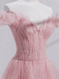 Pink off shoulder tulle tea length prom dress, pink tulle evening dress