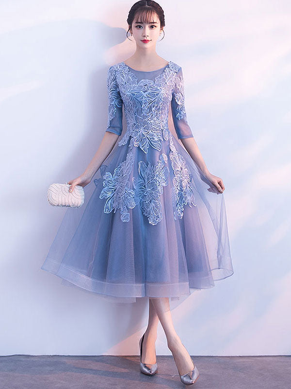 Blue round neck tulle lace short prom dress, blue homecoming dress toptby Blue round neck tulle lace short prom dress, blue homecoming dress toptby