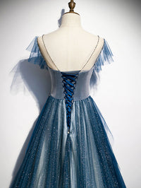 Blue tulle long prom dress, blue beads long evening dress