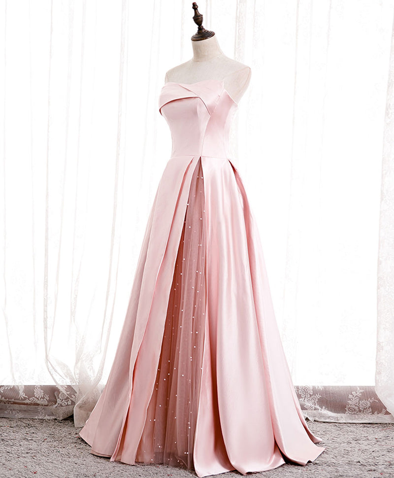 Simple satin long pink prom dress, pink evening dress