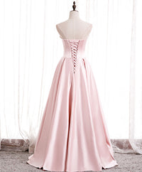 Simple satin long pink prom dress, pink evening dress