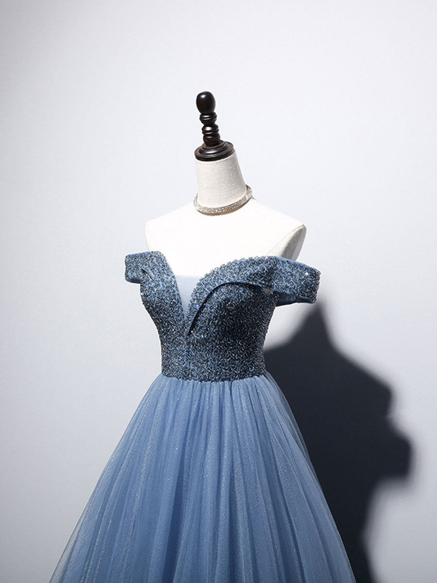 Unique blue tulle beads long prom dress, blue tulle evening dress toptby Unique blue tulle beads long prom dress, blue tulle evening dress toptby