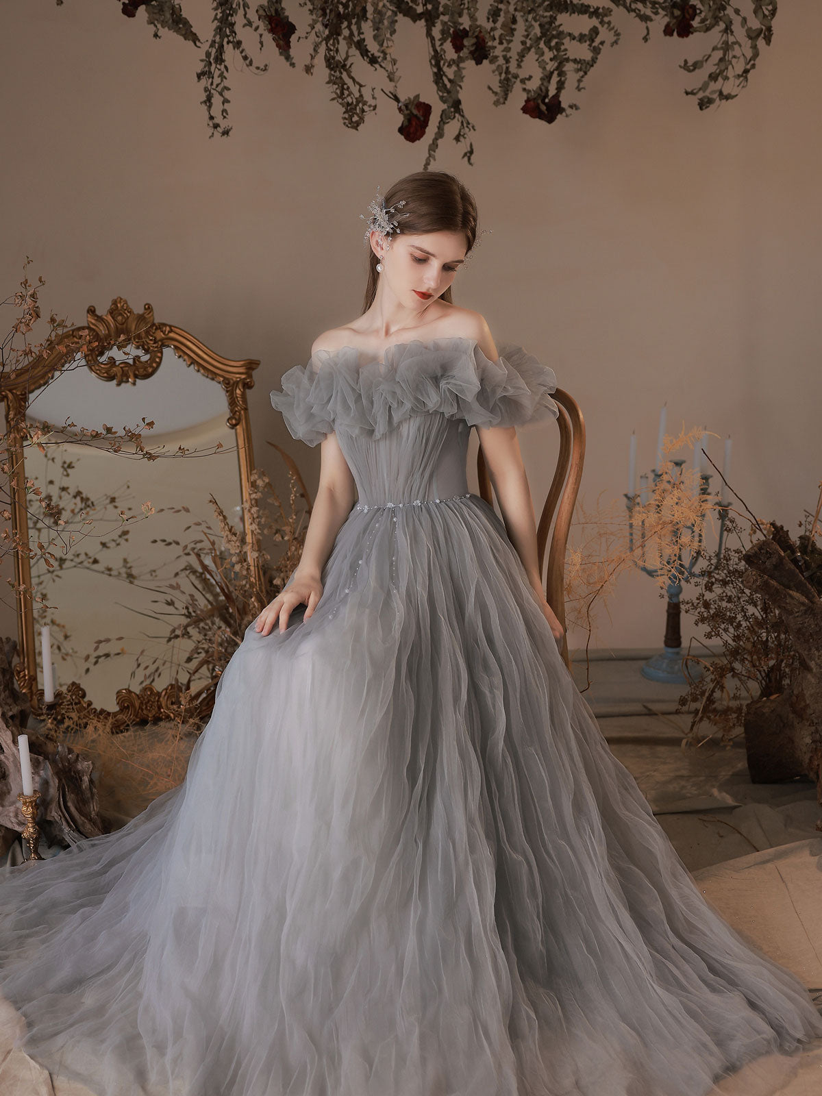 Gray tulle off shoulder long prom dress, gray tulle evening dress