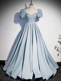 Light blue satin long prom dress, blue sweet 16 dress