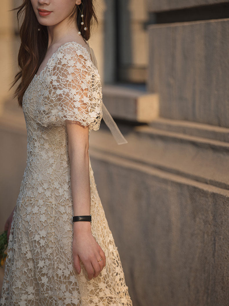 Cute beige lace short prom dress, beige lace bridesmaid dress Cute beige lace short prom dress, beige lace bridesmaid dress