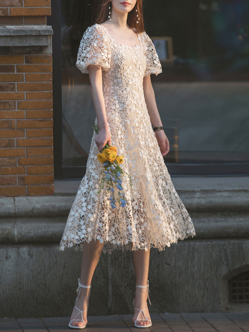 Cute beige lace short prom dress, beige lace bridesmaid dress