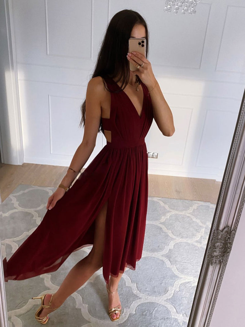 Simple red chiffon short prom dress, burgundy evening dress