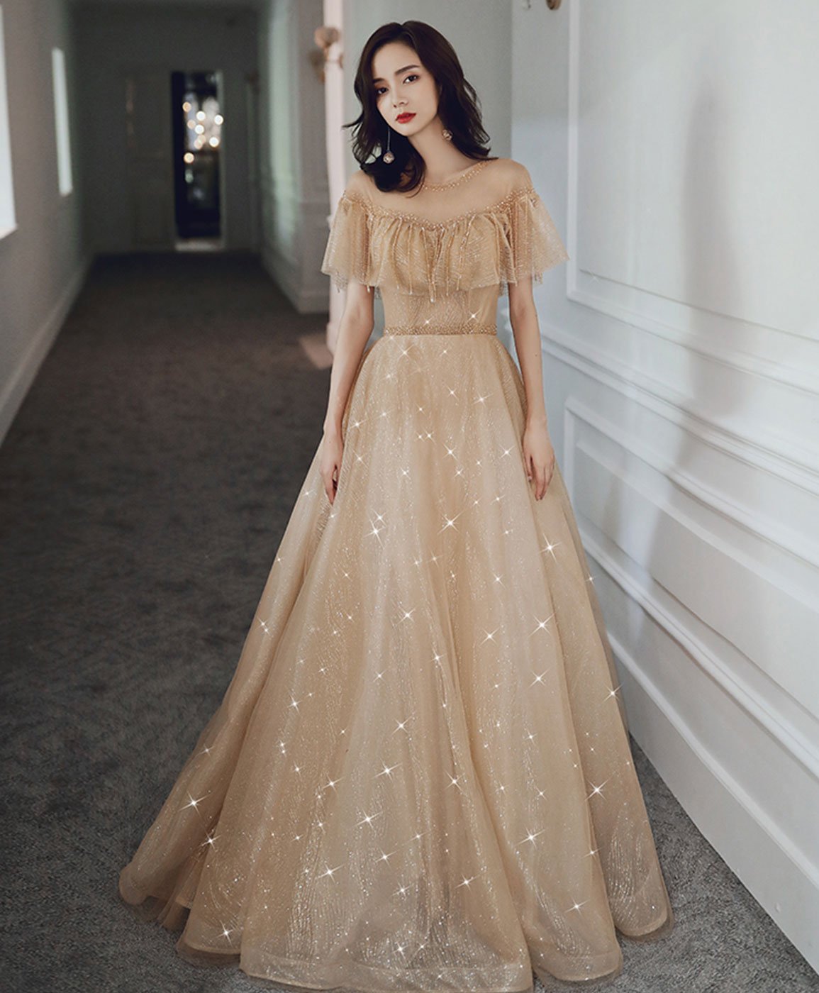 Champagne tulle long prom dress champagne formal dress – toptby